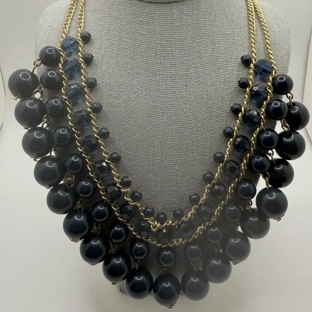 Dangle Beaded‎ Necklace Gold Tone Blue Gray Statement Double Strand Chain 19-22”